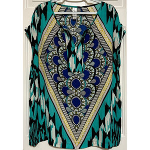 Pure Energy Women's‎ Green Yellow Black Blue Short Sleeve Blouse Size X
